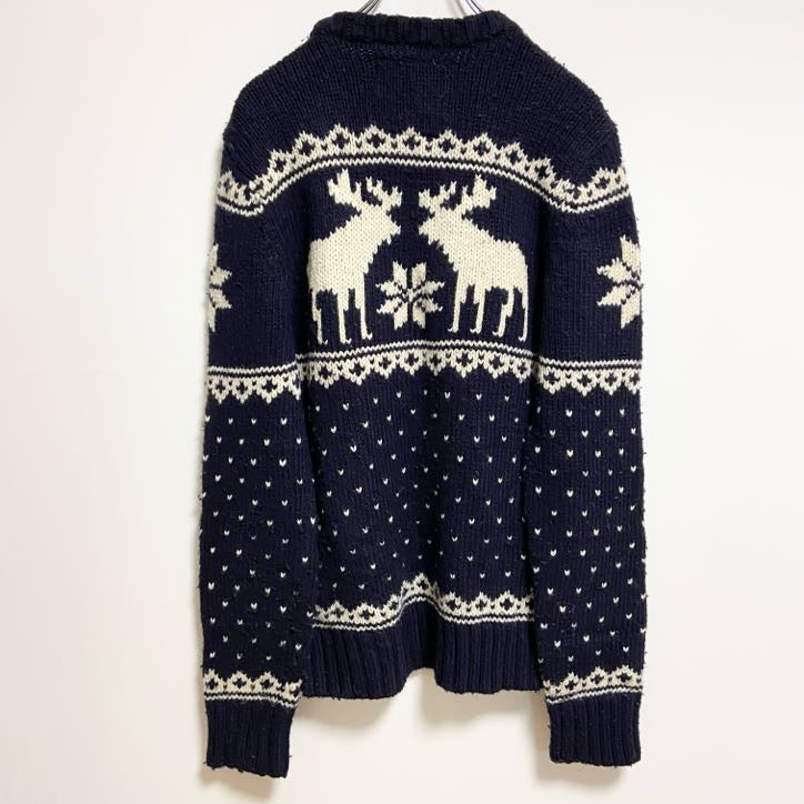 古着 used　Abercrombie＆Fitch　アバクロ　長袖ノルディック柄ニット　セーター　トナカイ　ネイビー　XLサイズ