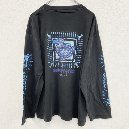 古着 used　EHOTICA　長袖プリントTシャツ　クルーネック　ロンT　カジュアル　鳥　レトロデザイン　黒　XLサイズ