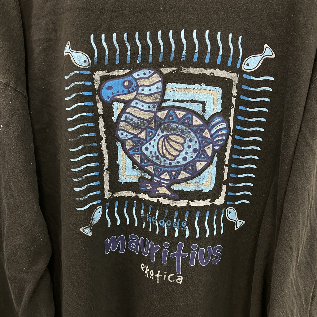 古着 used　EHOTICA　長袖プリントTシャツ　クルーネック　ロンT　カジュアル　鳥　レトロデザイン　黒　XLサイズ