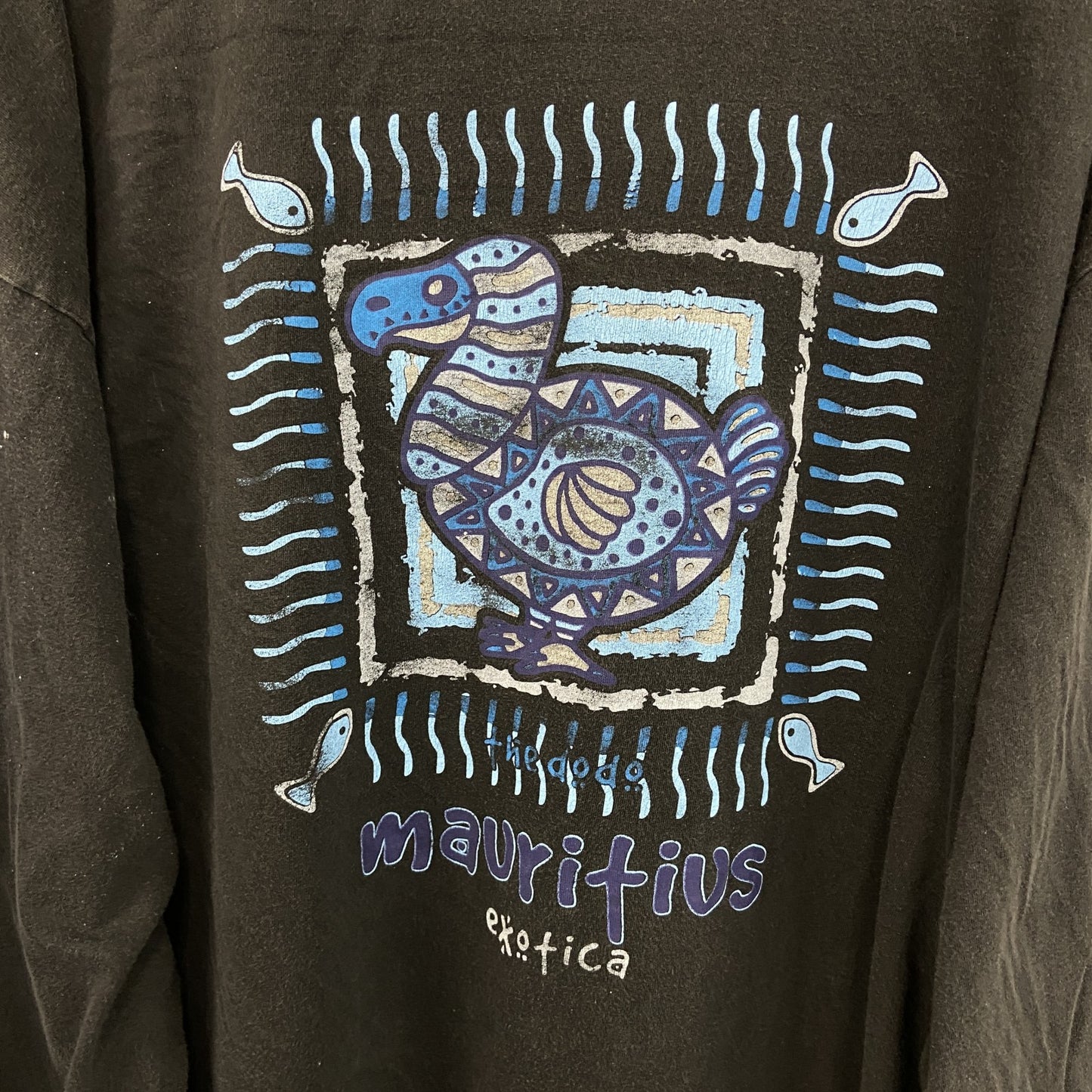 古着 used　EHOTICA　長袖プリントTシャツ　クルーネック　ロンT　カジュアル　鳥　レトロデザイン　黒　XLサイズ