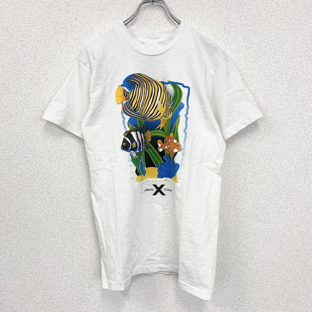 古着 used　半袖プリントTシャツ　ホワイト　白　魚　fish　釣り　ニモ　クルーネック　シングルステッチ　Sサイズ