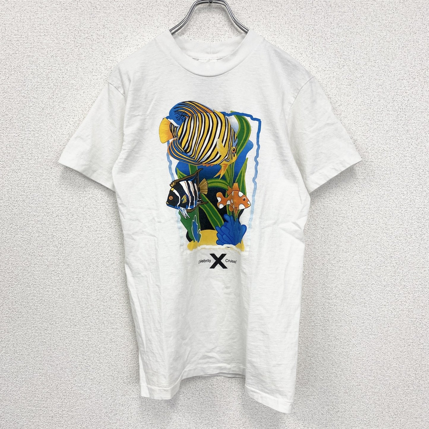 古着 used　半袖プリントTシャツ　ホワイト　白　魚　fish　釣り　ニモ　クルーネック　シングルステッチ　Sサイズ