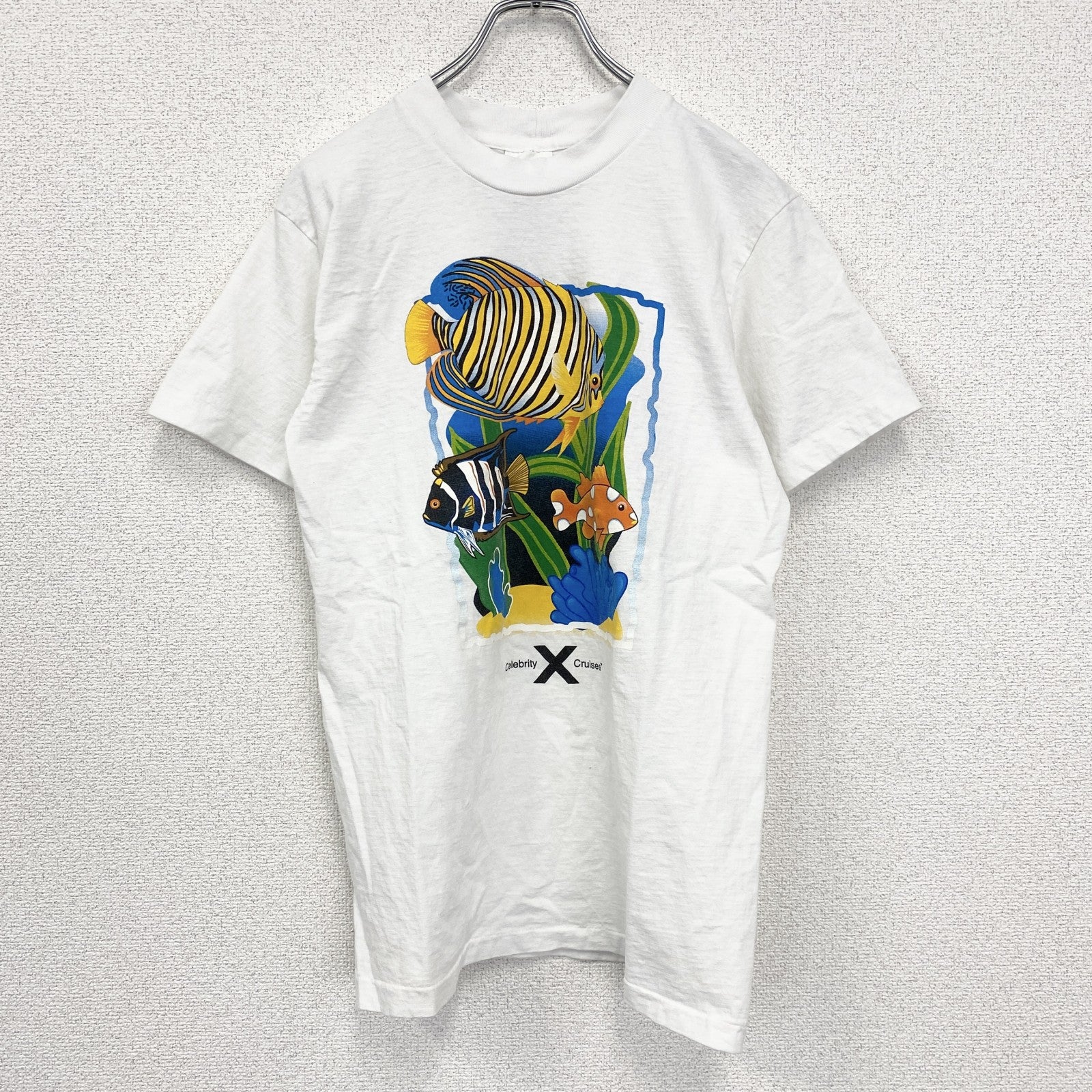 古着 used　半袖プリントTシャツ　ホワイト　白　魚　fish　釣り　ニモ　クルーネック　シングルステッチ　Sサイズ