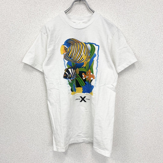 古着 used　半袖プリントTシャツ　ホワイト　白　魚　fish　釣り　ニモ　クルーネック　シングルステッチ　Sサイズ