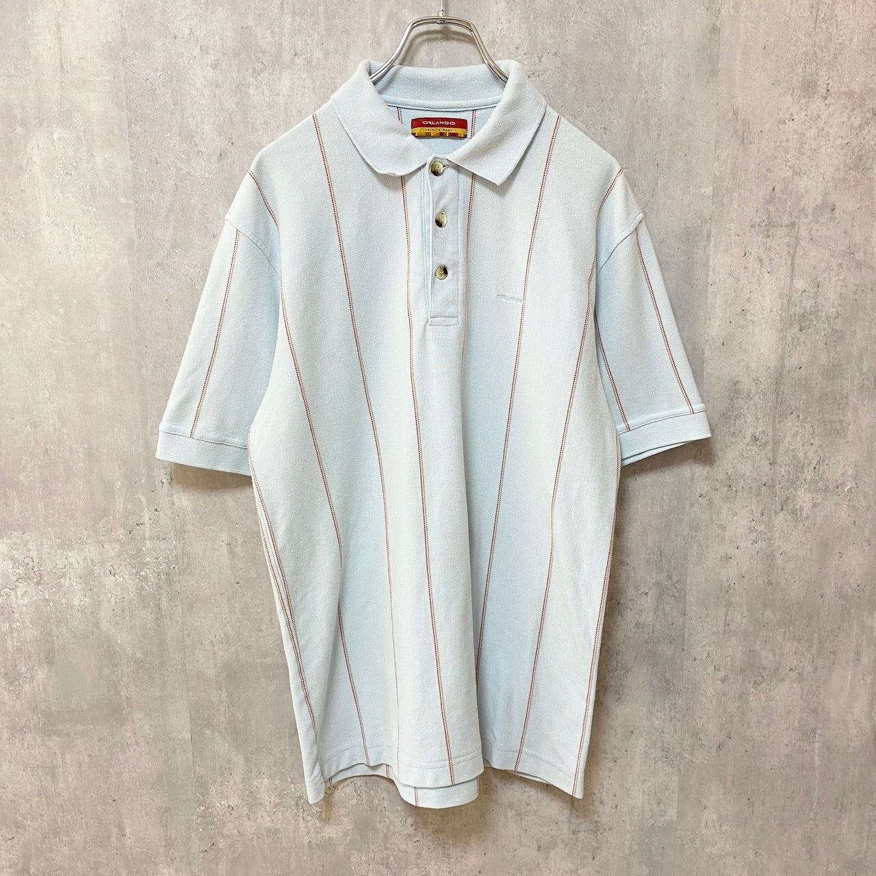 古着 used　ORLANDO　オーランド　半袖ストライプ柄ポロシャツ　ワンポイントロゴ刺　白　ホワイト　春夏服　Lサイズ