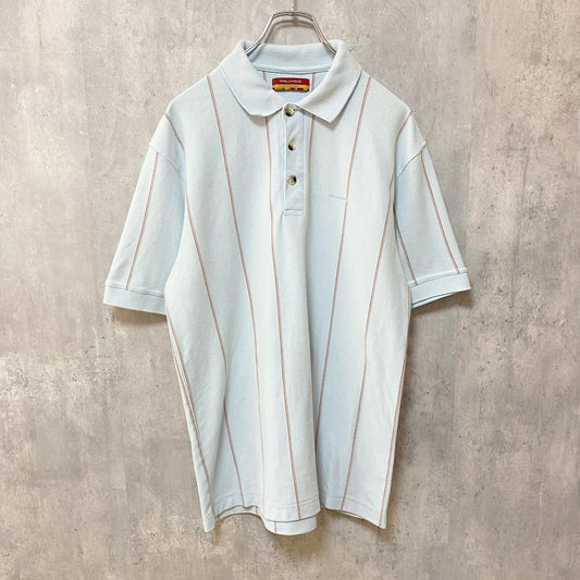 古着 used　ORLANDO　オーランド　半袖ストライプ柄ポロシャツ　ワンポイントロゴ刺　白　ホワイト　春夏服　Lサイズ