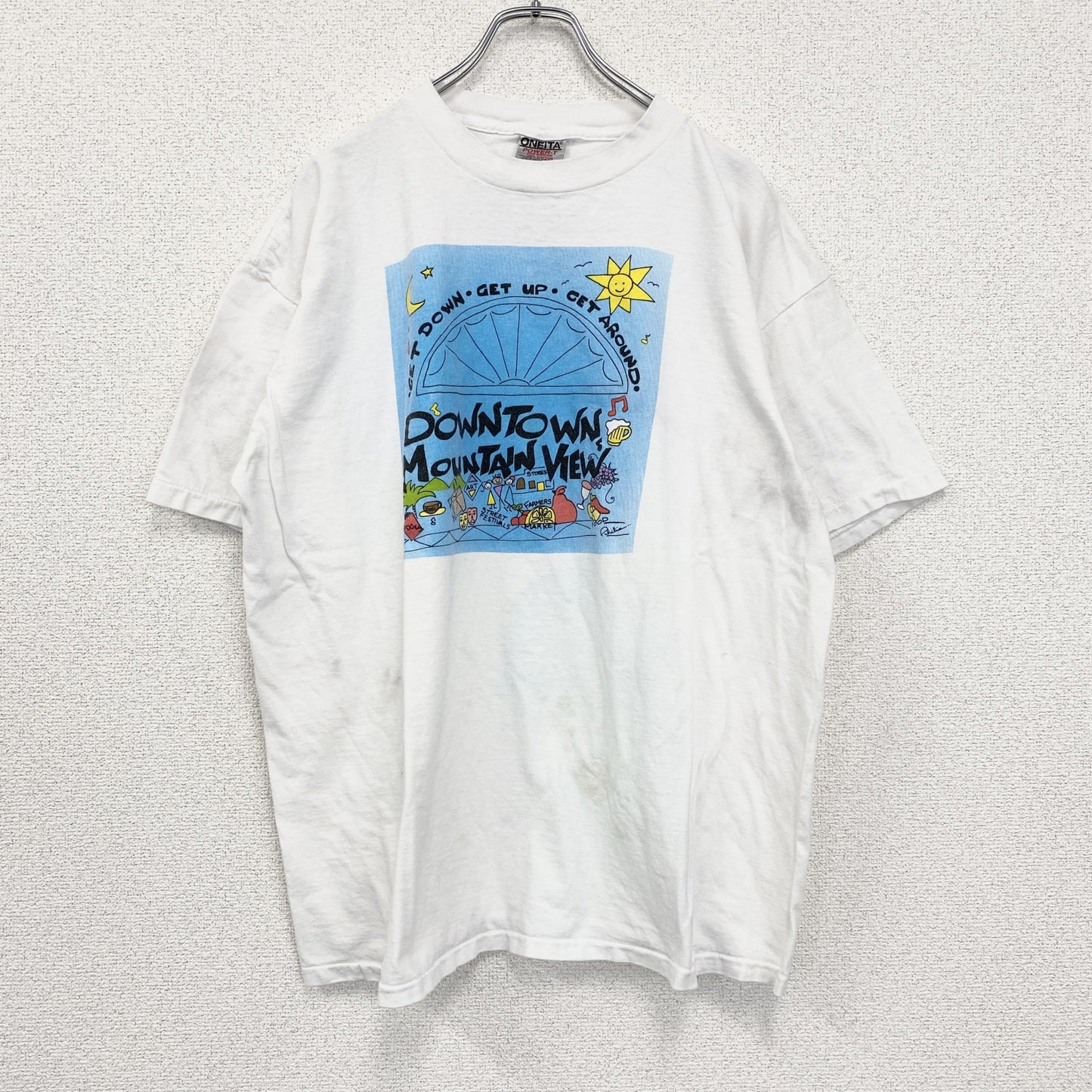 古着 used　ONEITA　オニータ　半袖プリントTシャツ　ホワイト　白　ユニークロゴ　シングルステッチ　XLサイズ