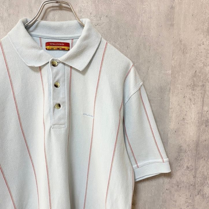 古着 used　ORLANDO　オーランド　半袖ストライプ柄ポロシャツ　ワンポイントロゴ刺　白　ホワイト　春夏服　Lサイズ