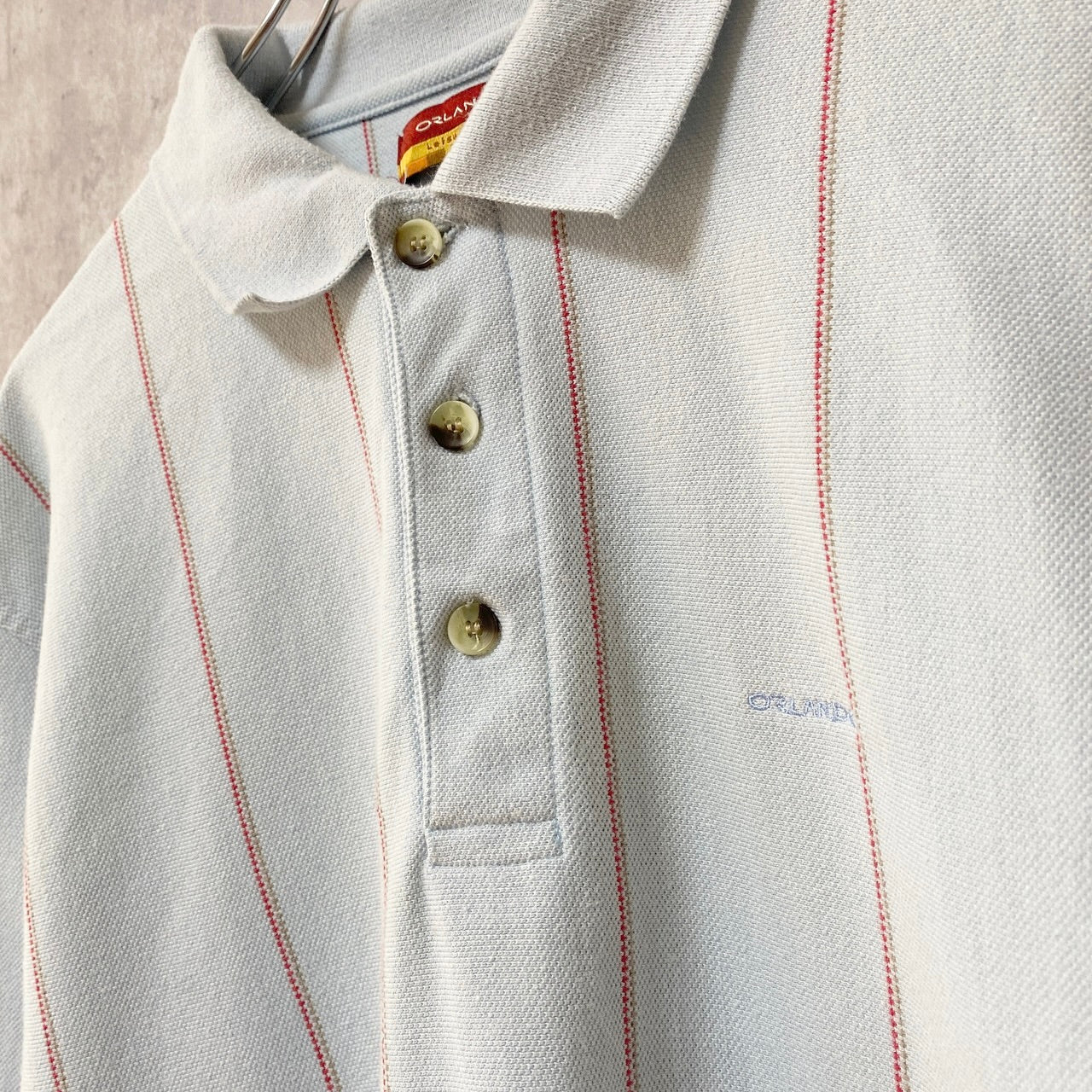 古着 used　ORLANDO　オーランド　半袖ストライプ柄ポロシャツ　ワンポイントロゴ刺　白　ホワイト　春夏服　Lサイズ