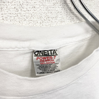 古着 used　ONEITA　オニータ　半袖プリントTシャツ　ホワイト　白　ユニークロゴ　シングルステッチ　XLサイズ