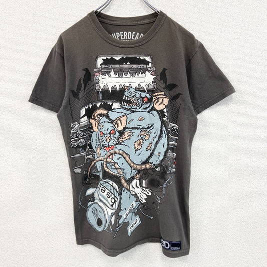 SUPERDEAD　半袖プリントアニマルTシャツ　マウス　酔っ払いネズミ　車　茶色　ブラウン　Sサイズ