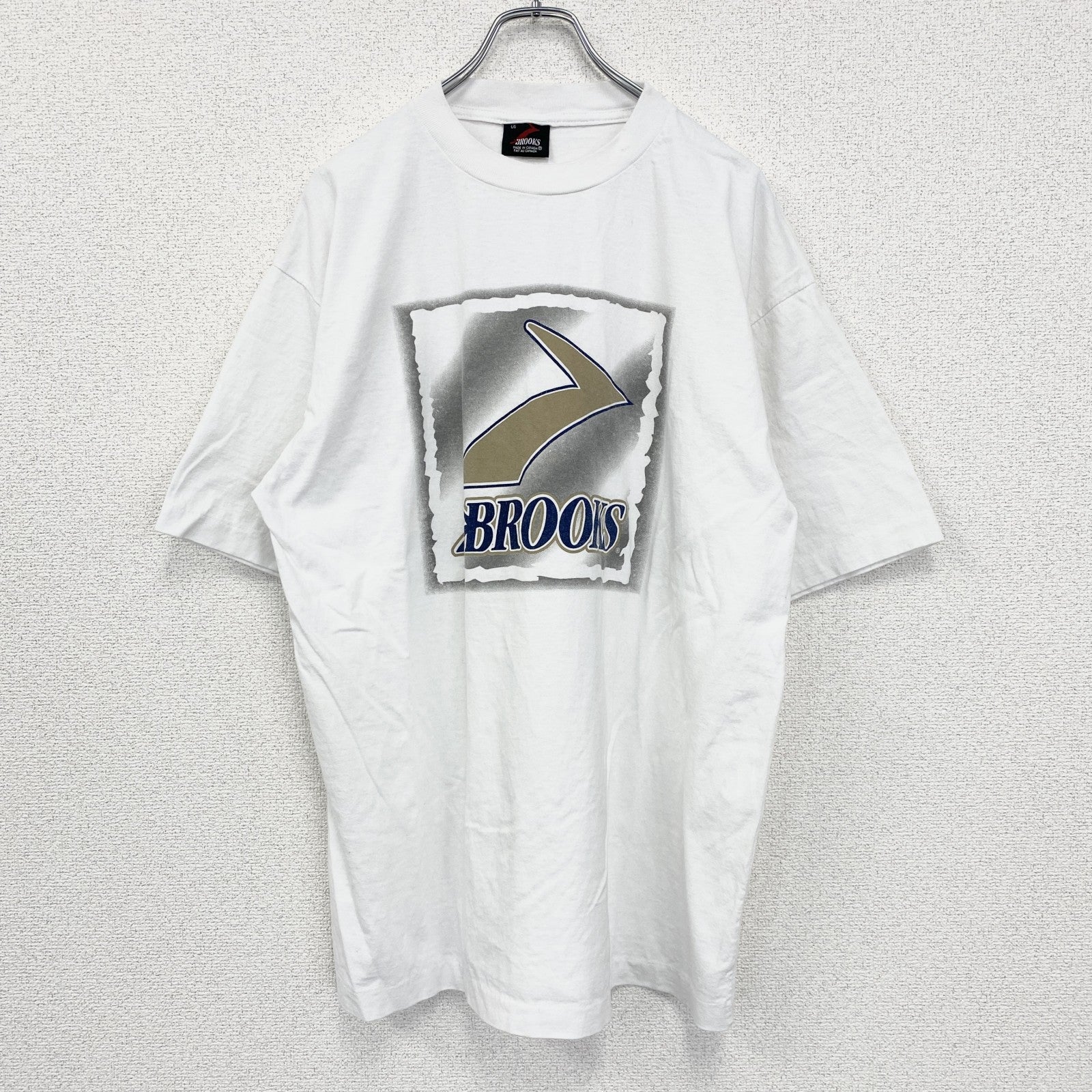 90s　BROOKS　ブルックス　半袖プリントTシャツ　シングルステッチ　クルーネック　ヴィンテージ　白　ホワイト　Lサイズ