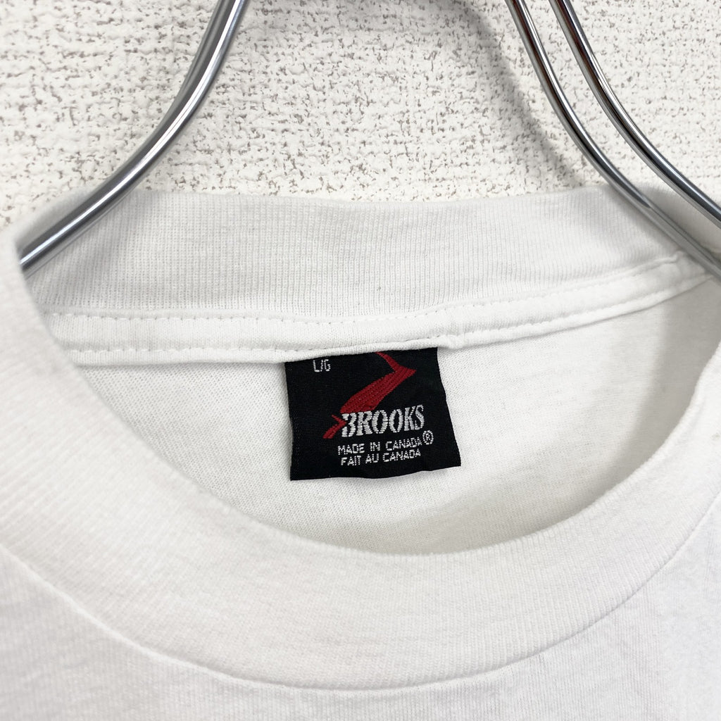 90s　BROOKS　ブルックス　半袖プリントTシャツ　シングルステッチ　クルーネック　ヴィンテージ　白　ホワイト　Lサイズ