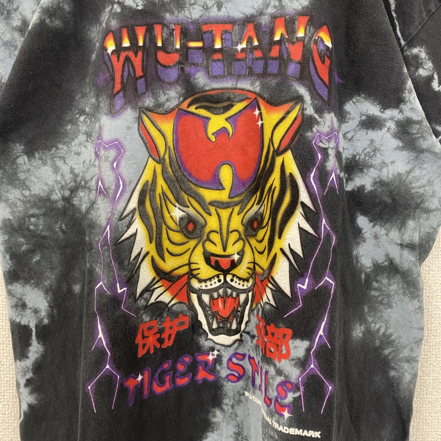 古着 used　Wutang　ウータン　半袖タイダイ柄プリントTシャツ　ラップ　レトロ　クルーネック　黒青　Mサイズ