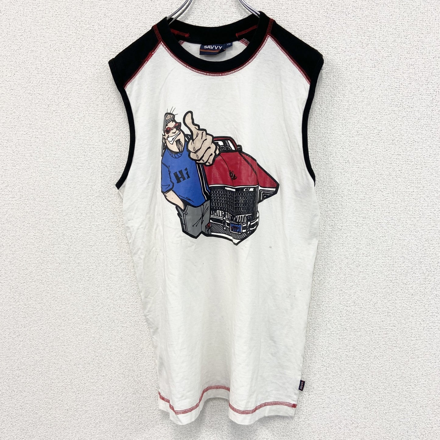 古着 used　SAVVY　タンクトップシャツ　ノースリーブ　ラグランデザイン　クルーネック　カジュアル　レトロ　バイカラー　黒　白　Lサイズ