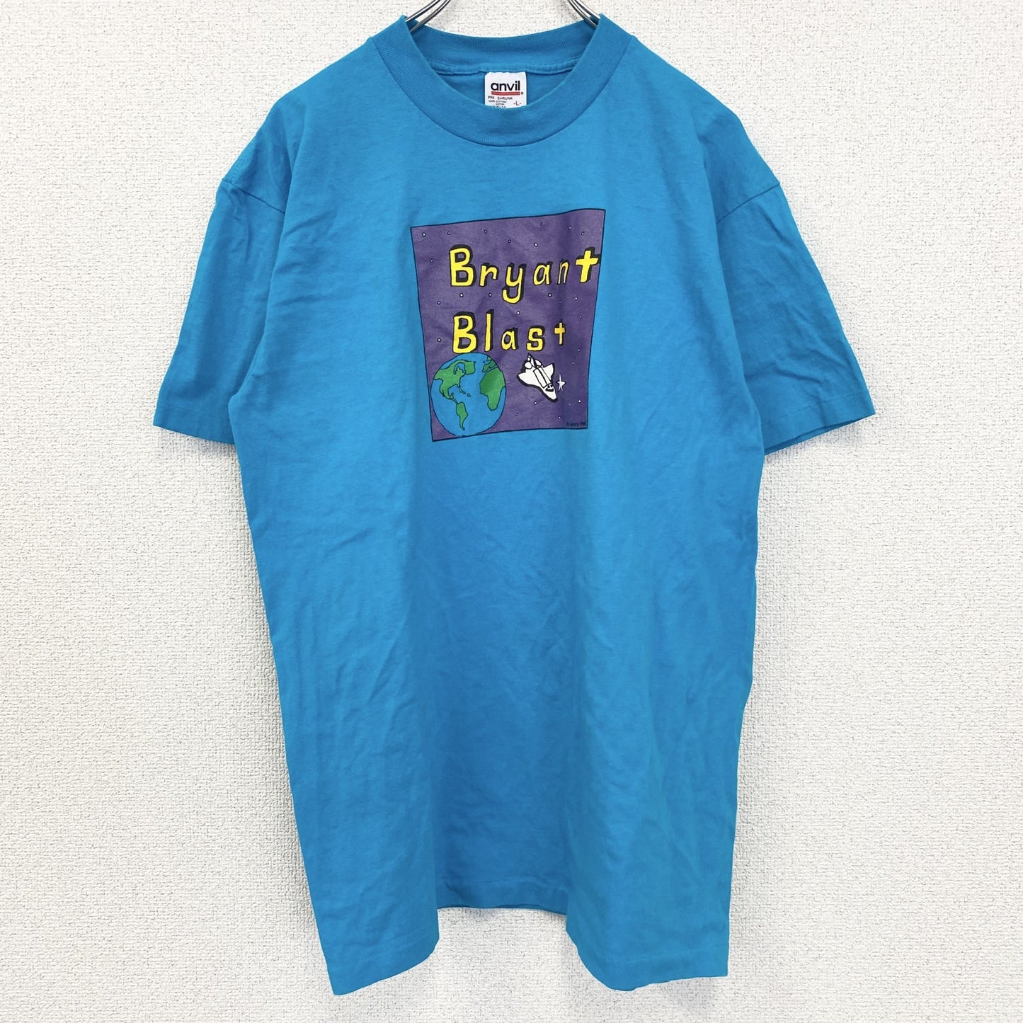 古着 used　anvil　アンビル　半袖プリントTシャツ　シングルステッチ　ブルー　ギャラクシー　地球　Lサイズ