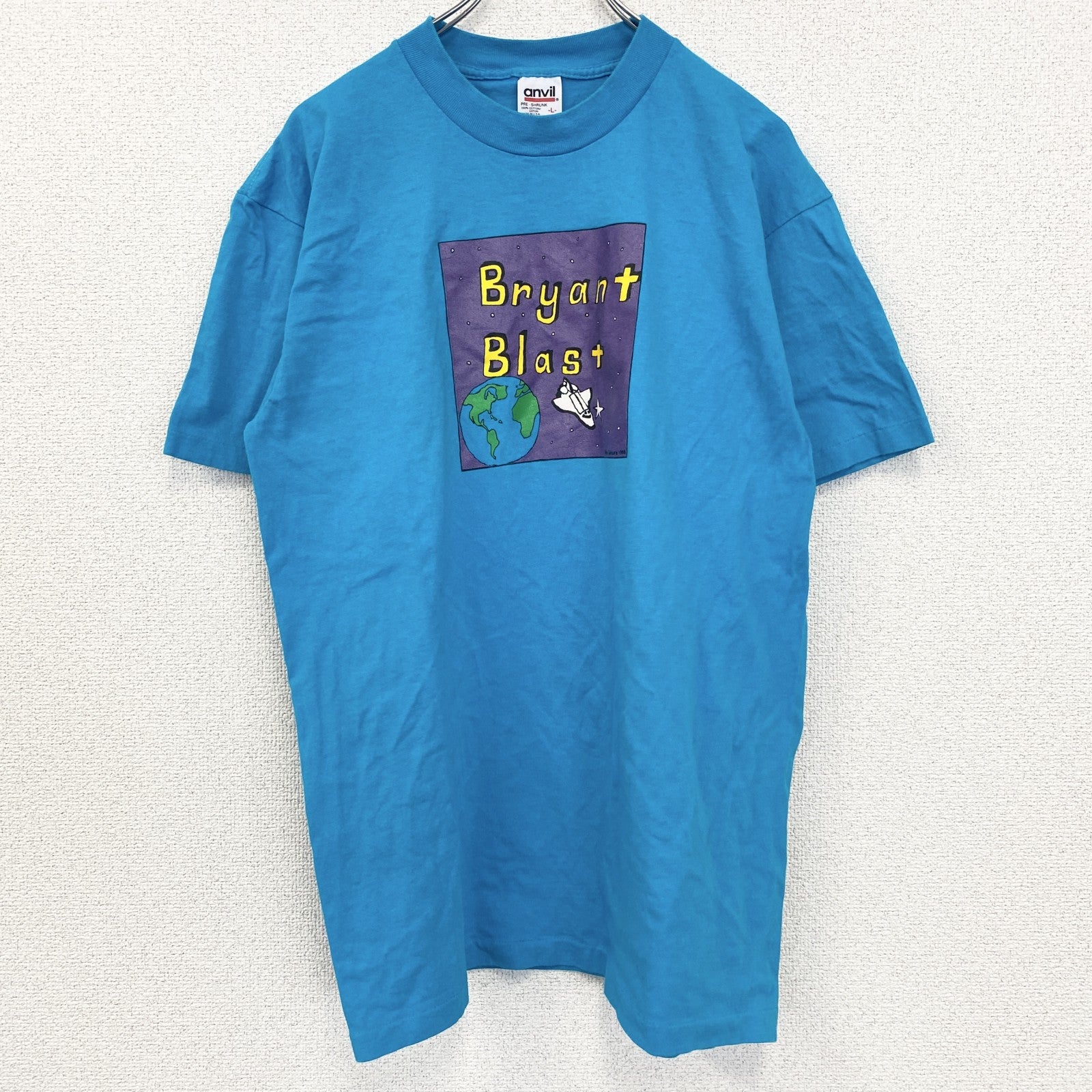 古着 used　anvil　アンビル　半袖プリントTシャツ　シングルステッチ　ブルー　ギャラクシー　地球　Lサイズ