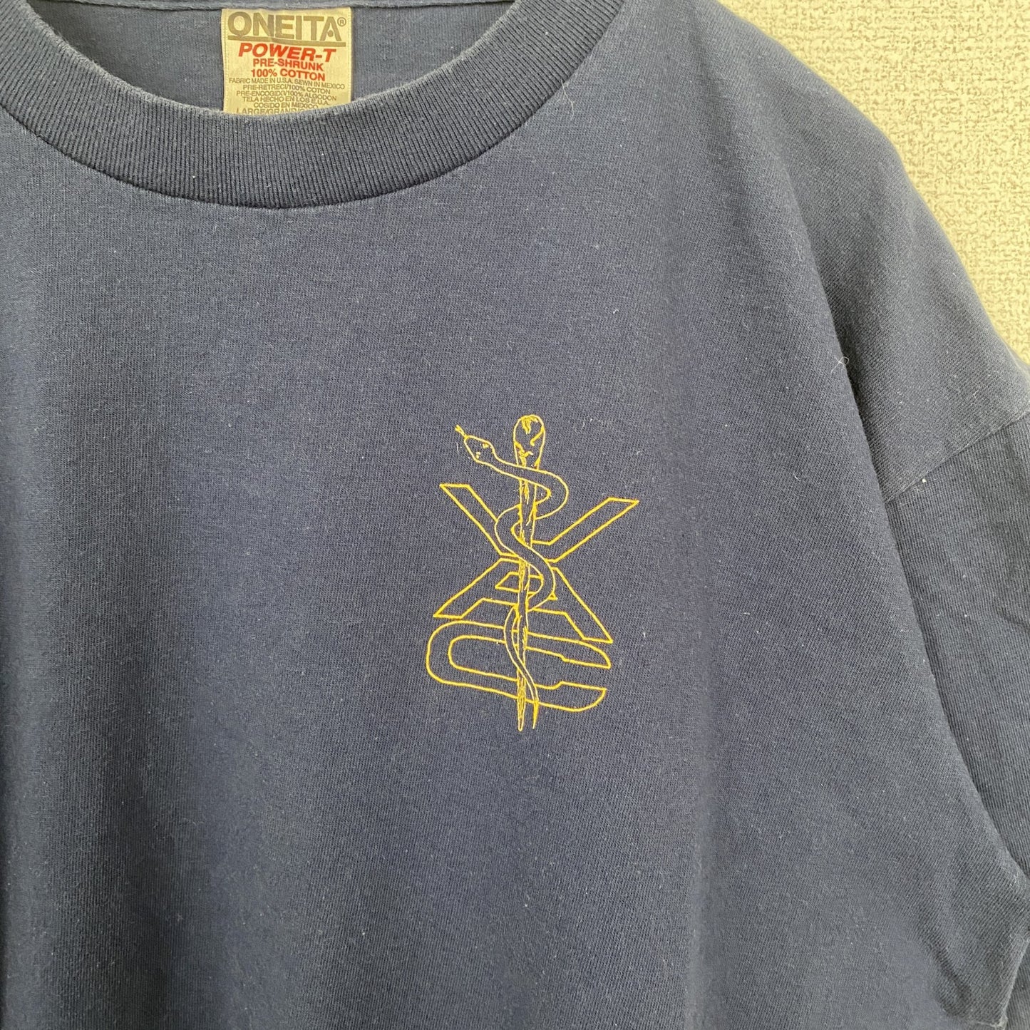 古着 used　90s　ONEITA　半袖ワンポイントTシャツ　レトロ　ネイビー　紺　シングルステッチ　ヴィンテージ　2XLサイズ