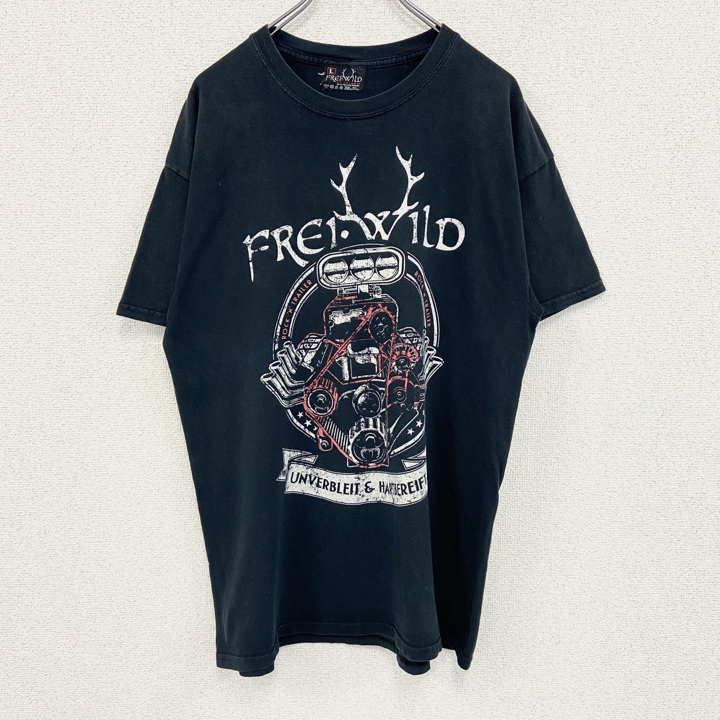 古着 used　FREI WILD　半袖プリントTシャツ　エンジンモーター　レトロデザイン　黒　ブラック　クルーネック　Lサイズ