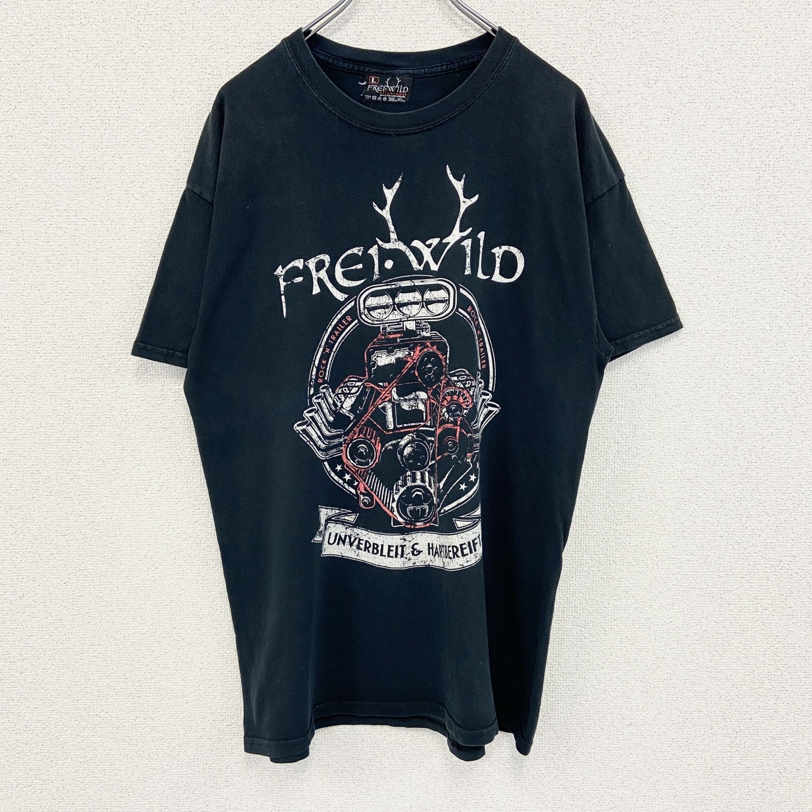 古着 used　FREI WILD　半袖プリントTシャツ　エンジンモーター　レトロデザイン　黒　ブラック　クルーネック　Lサイズ