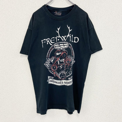 古着 used　FREI WILD　半袖プリントTシャツ　エンジンモーター　レトロデザイン　黒　ブラック　クルーネック　Lサイズ