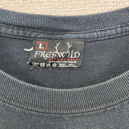 古着 used　FREI WILD　半袖プリントTシャツ　エンジンモーター　レトロデザイン　黒　ブラック　クルーネック　Lサイズ