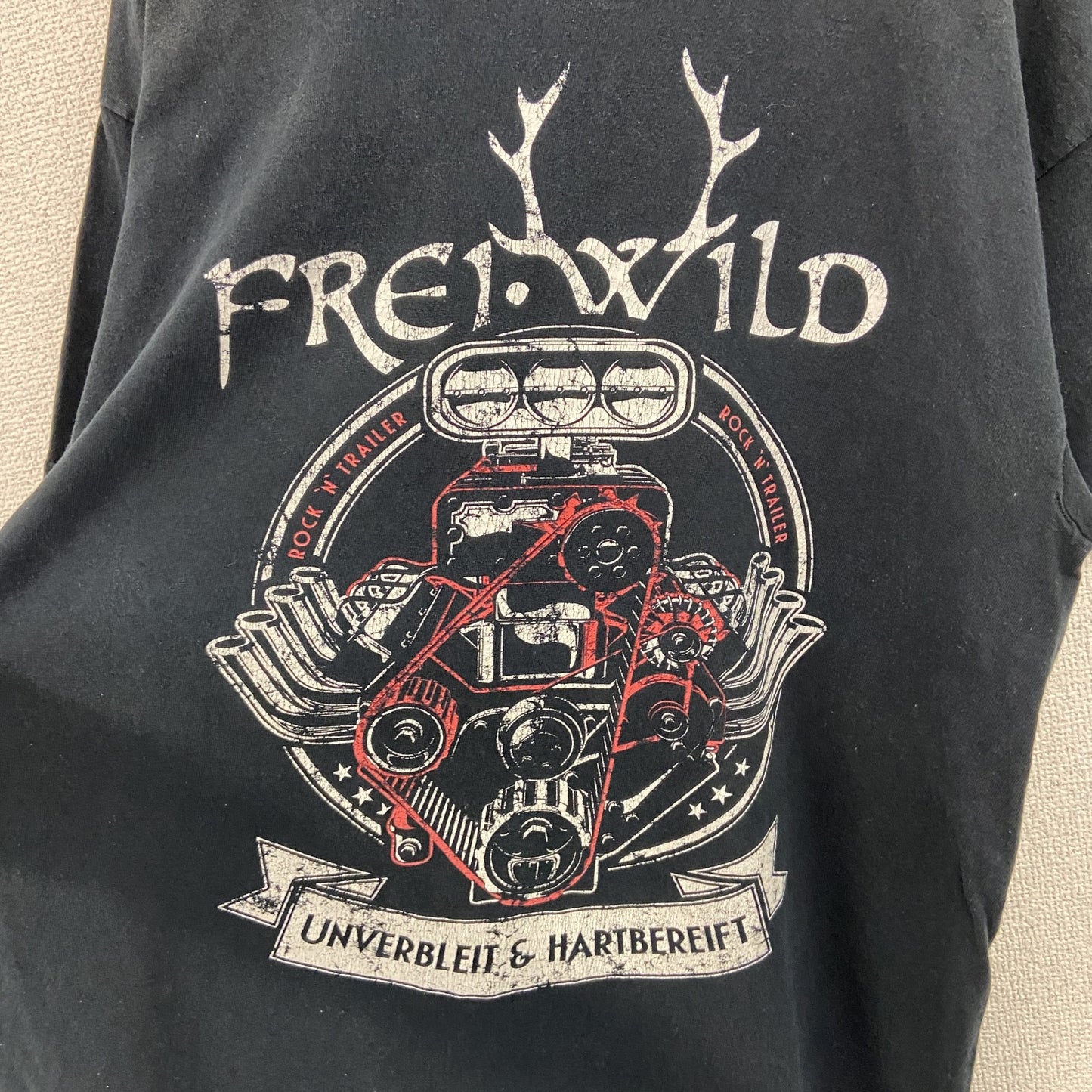 古着 used　FREI WILD　半袖プリントTシャツ　エンジンモーター　レトロデザイン　黒　ブラック　クルーネック　Lサイズ