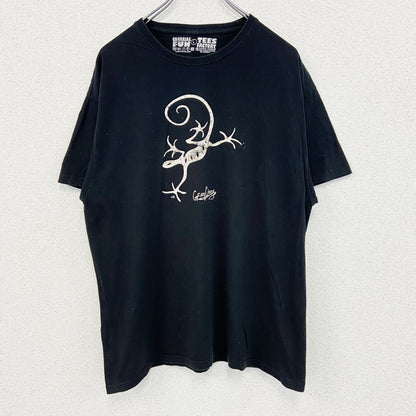 古着 used　TEES FACTORY　半袖プリントTシャツ　トカゲ　カジュアルデザイン　黒　ブラック　クルーネック　Lサイズ