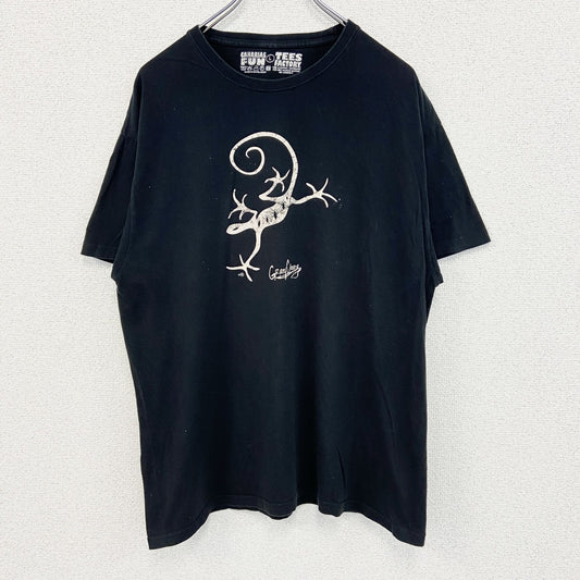 古着 used　TEES FACTORY　半袖プリントTシャツ　トカゲ　カジュアルデザイン　黒　ブラック　クルーネック　Lサイズ