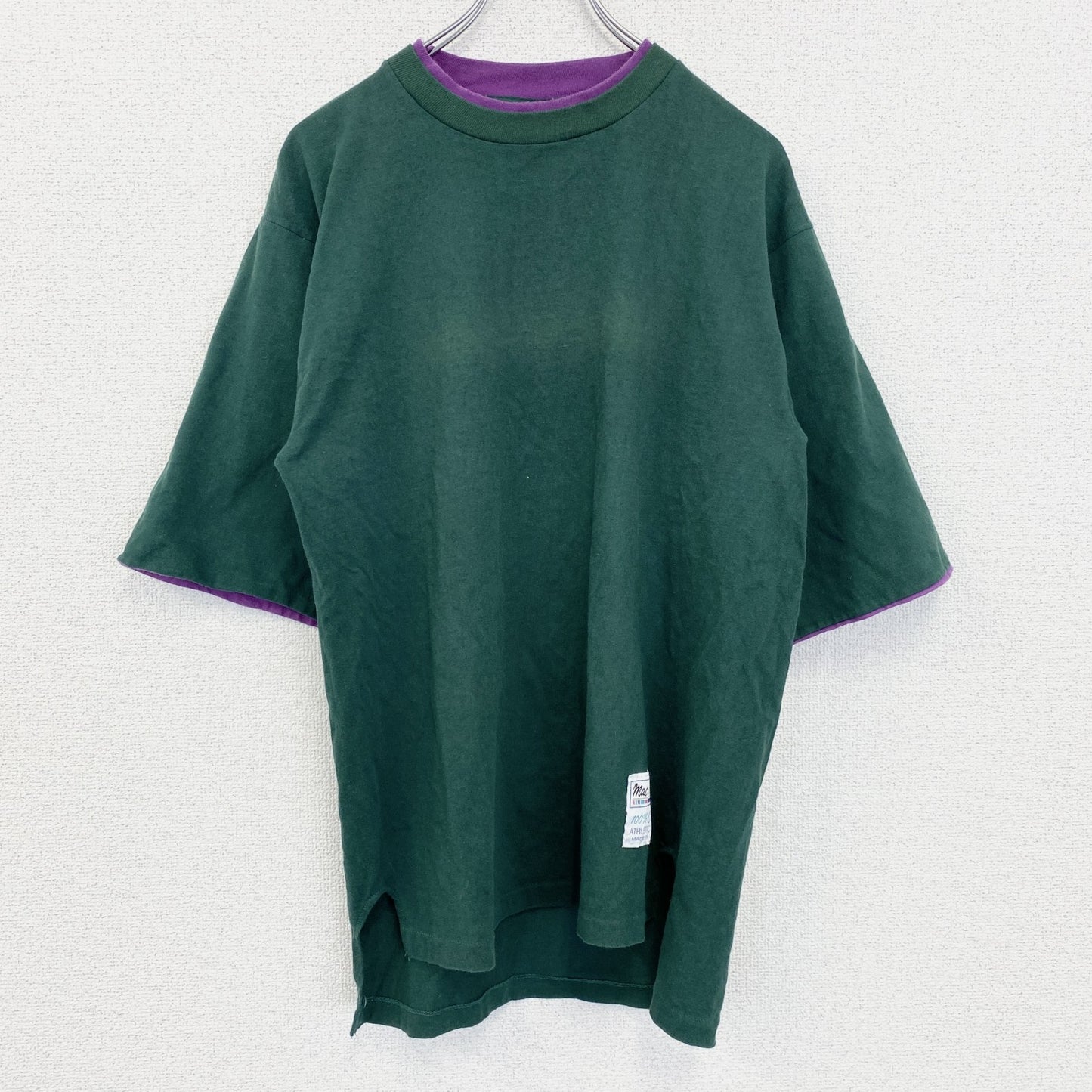 古着 used　半袖レイヤードTシャツ　グリーン　パープル　切り替え　ワンポイント　クルーネック　USA製　Lサイズ