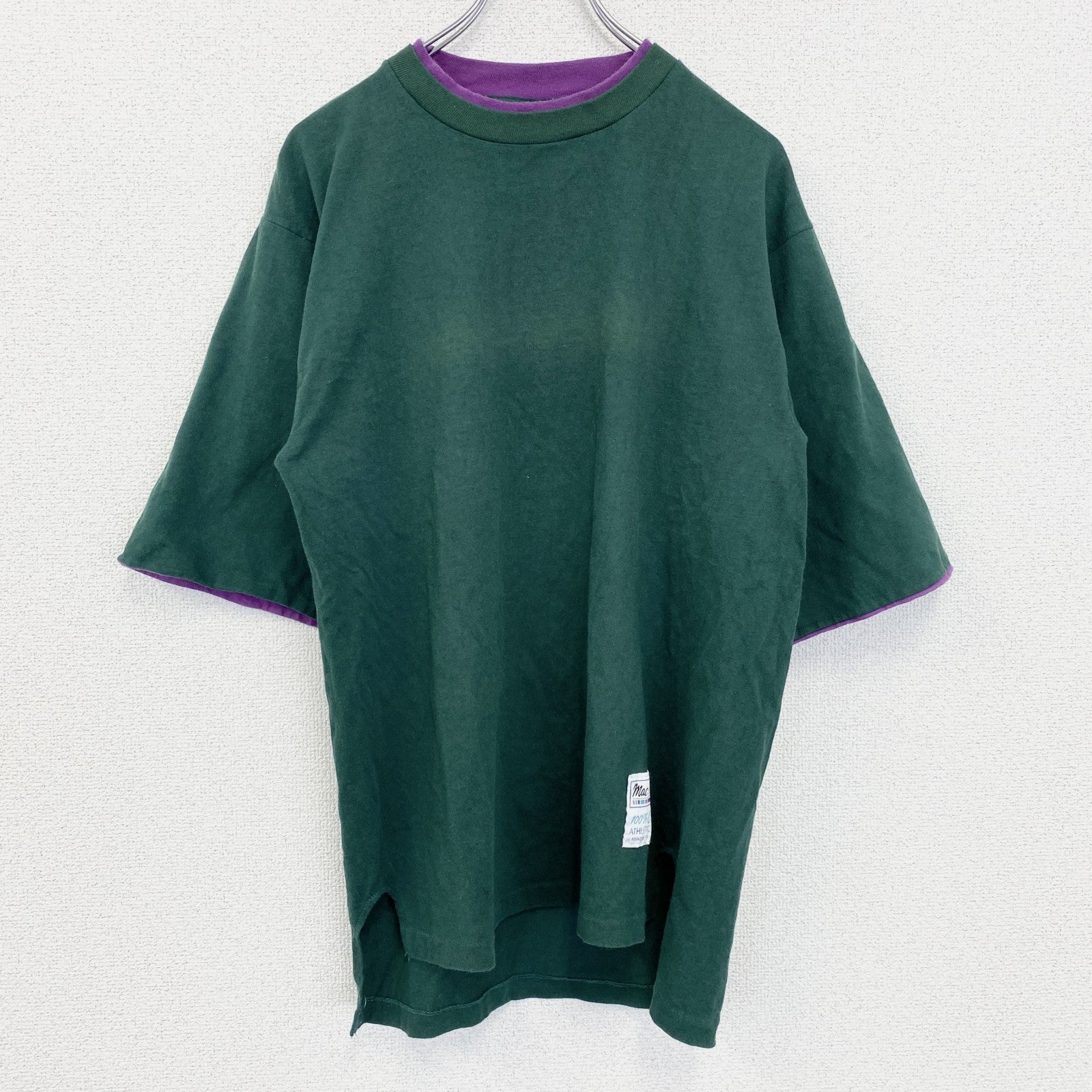 古着 used　半袖レイヤードTシャツ　グリーン　パープル　切り替え　ワンポイント　クルーネック　USA製　Lサイズ