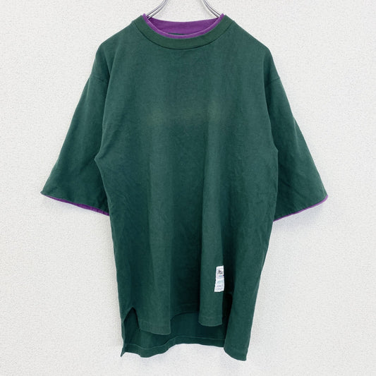古着 used　半袖レイヤードTシャツ　グリーン　パープル　切り替え　ワンポイント　クルーネック　USA製　Lサイズ