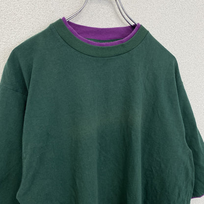古着 used　半袖レイヤードTシャツ　グリーン　パープル　切り替え　ワンポイント　クルーネック　USA製　Lサイズ