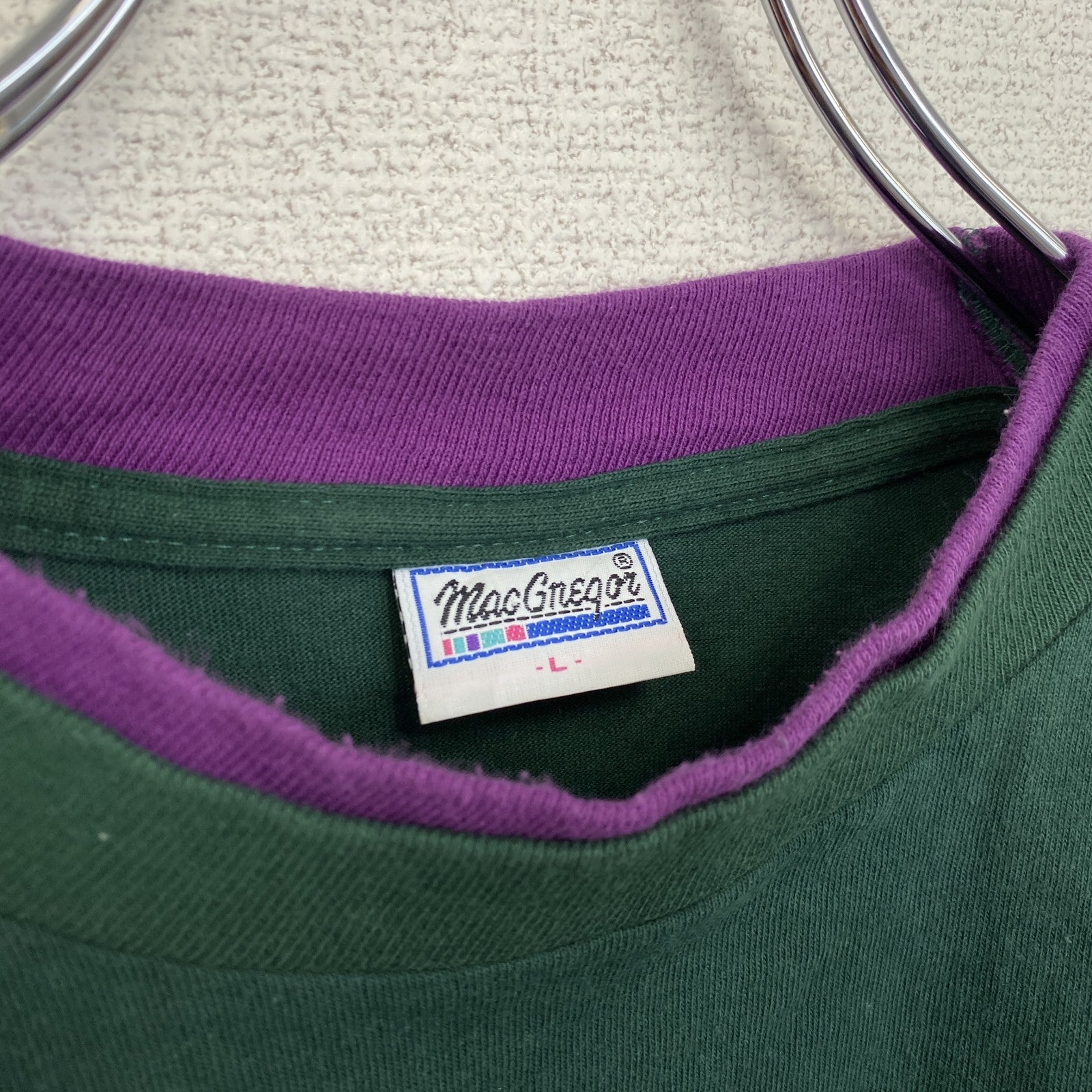 古着 used　半袖レイヤードTシャツ　グリーン　パープル　切り替え　ワンポイント　クルーネック　USA製　Lサイズ