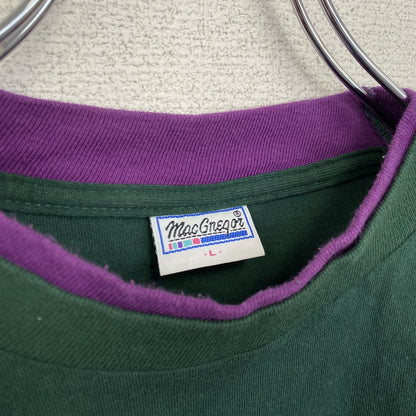 古着 used　半袖レイヤードTシャツ　グリーン　パープル　切り替え　ワンポイント　クルーネック　USA製　Lサイズ