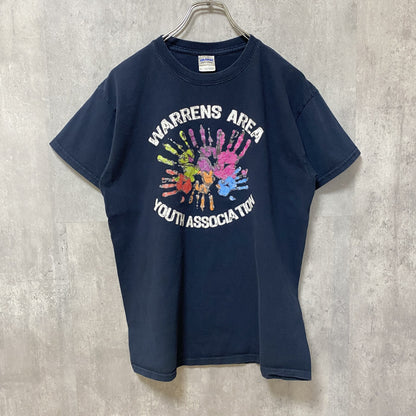 古着 used　GILDAN　ギルダン　半袖プリントTシャツ　クルーネック　ネイビー　レトロデザイン　Mサイズ