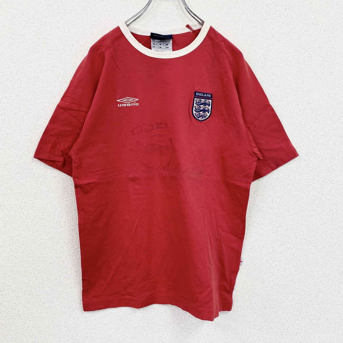 90s　UMBRO　アンブロ　イングランド代表　半袖リンガーTシャツ　ユニフォーム　ゲームシャツ　赤　レッド　Mサイズ