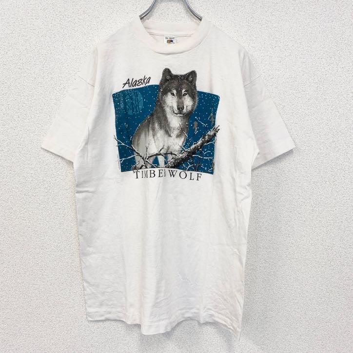 90s　半袖アニマルプリントTシャツ　ホワイト　白　動物　オオカミ　ウルフ　シングルステッチ　XLサイズ