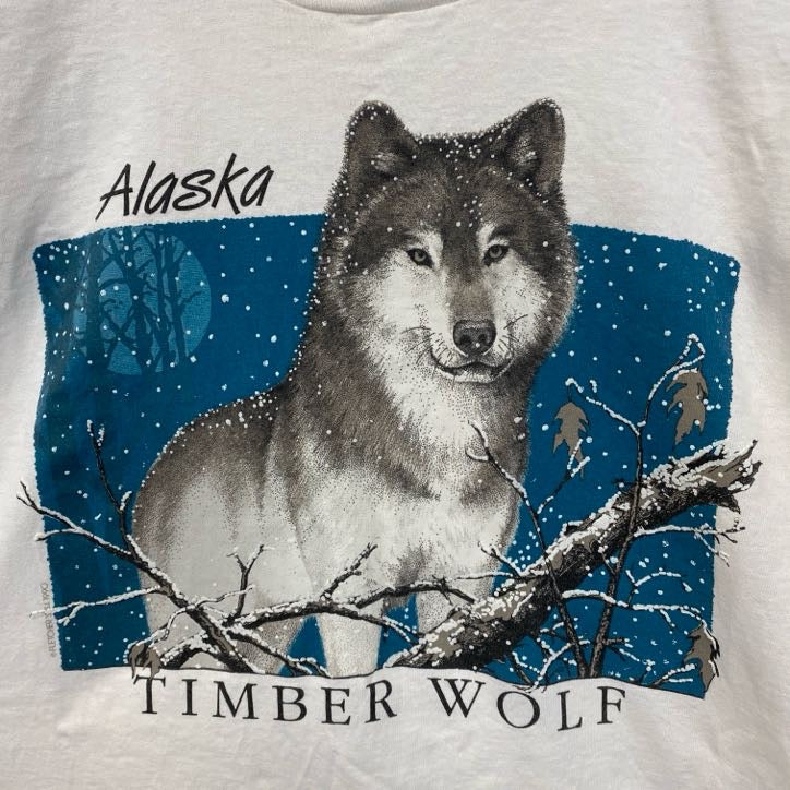 90s　半袖アニマルプリントTシャツ　ホワイト　白　動物　オオカミ　ウルフ　シングルステッチ　XLサイズ