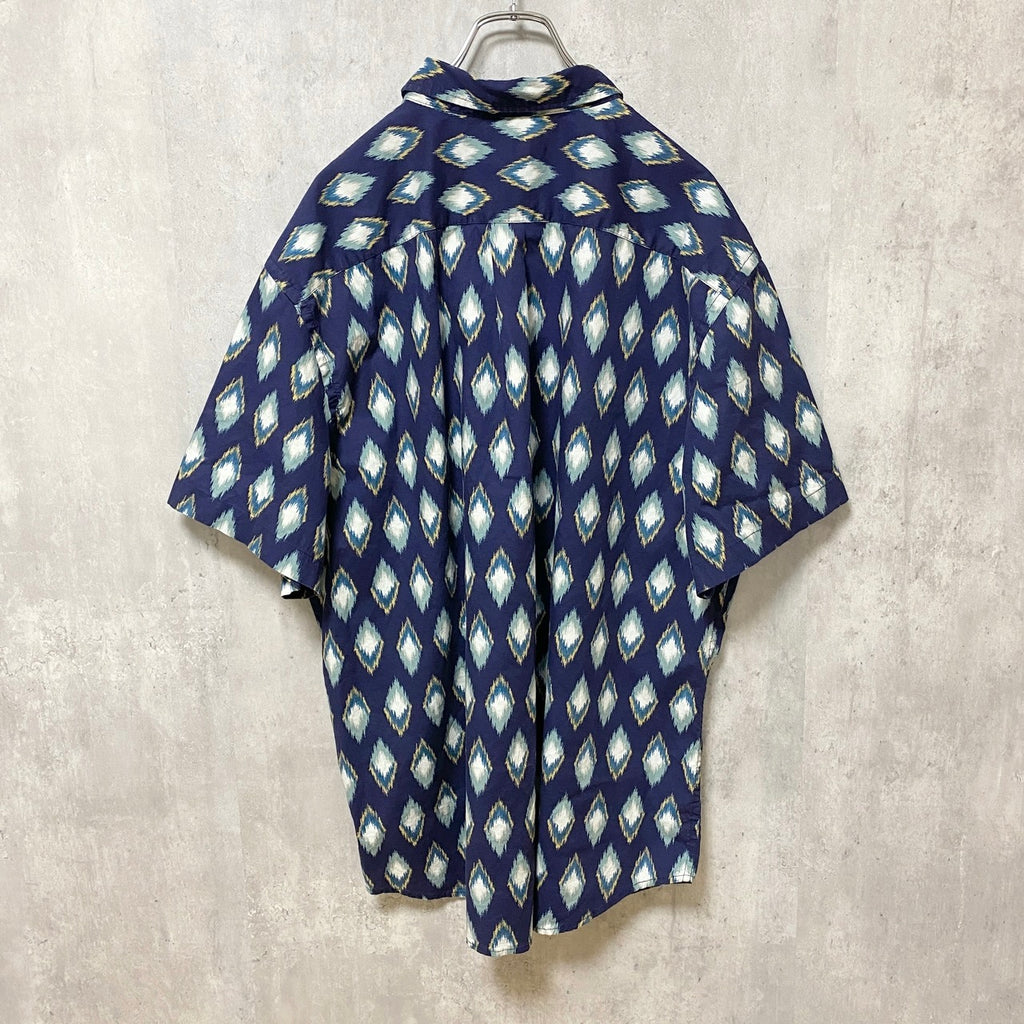 古着 used　OLDNAVY　オールドネイビー　半袖総柄シャツ　ダイヤ柄　ネイビー　春夏服　レトロ　オーバーサイズ　2XLサイズ
