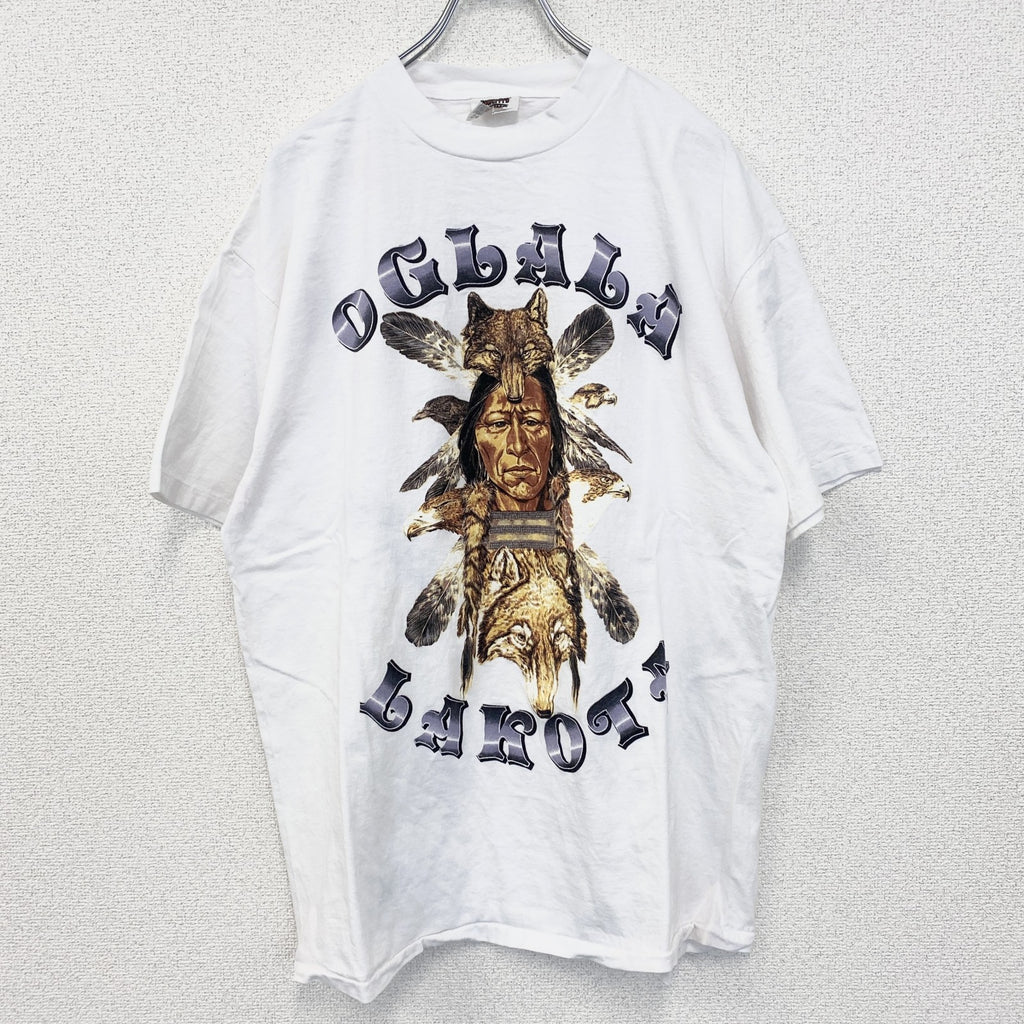 古着 used　半袖プリントTシャツ　ホワイト　白　インディアン　オグラララコタ　シングルステッチ　XLサイズ
