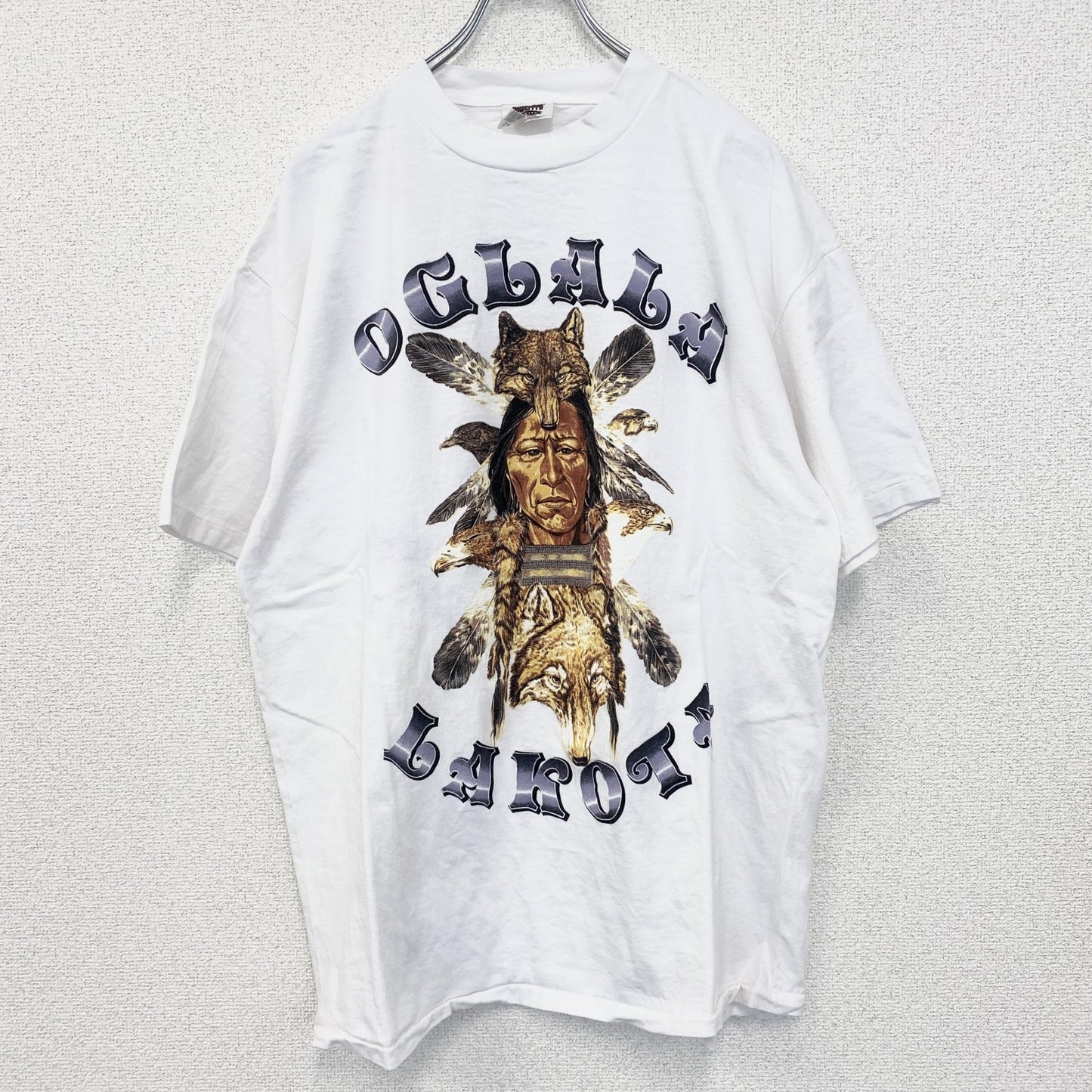 古着 used　半袖プリントTシャツ　ホワイト　白　インディアン　オグラララコタ　シングルステッチ　XLサイズ