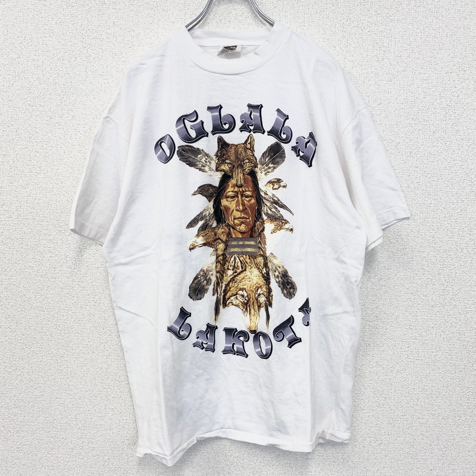 古着 used　半袖プリントTシャツ　ホワイト　白　インディアン　オグラララコタ　シングルステッチ　XLサイズ