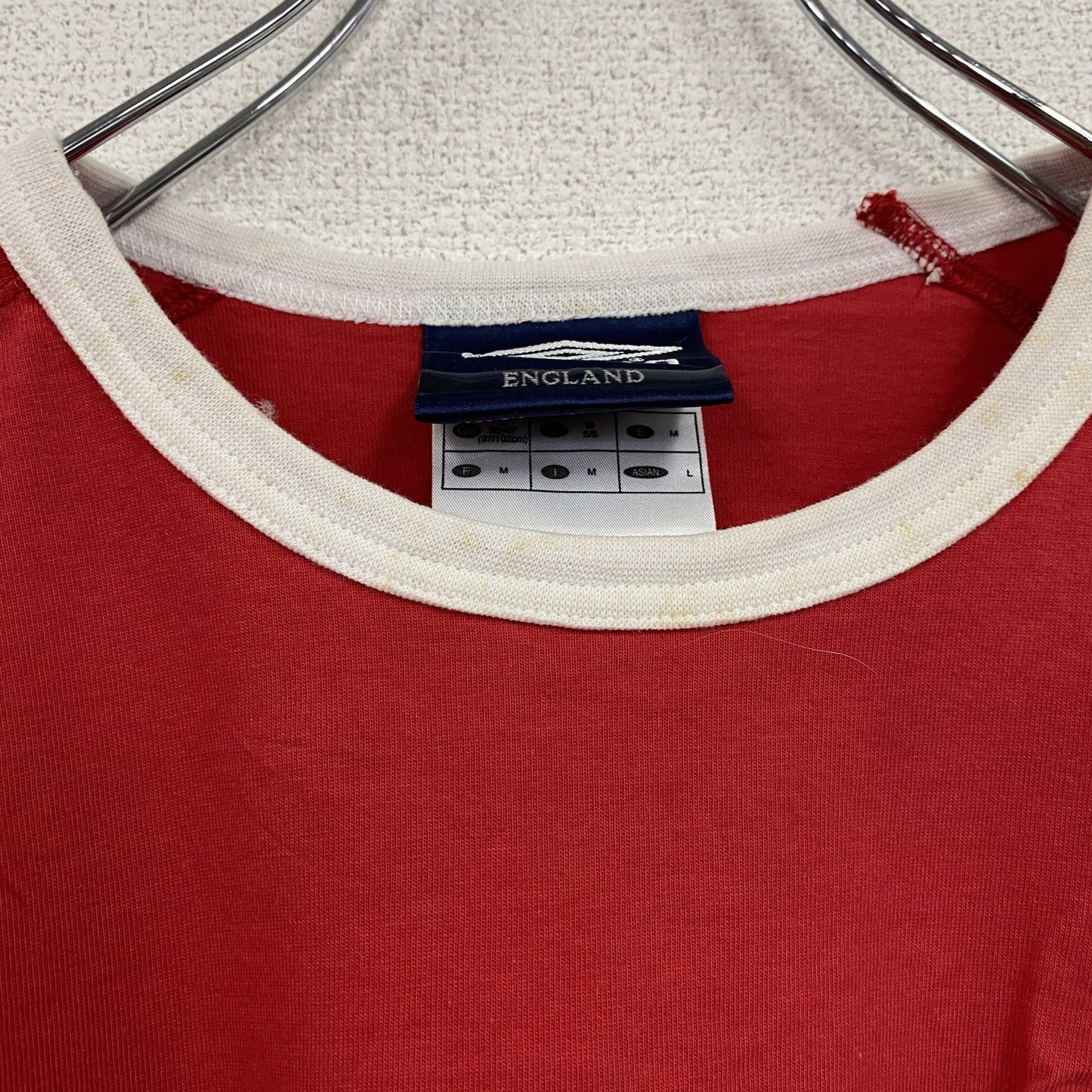 90s　UMBRO　アンブロ　イングランド代表　半袖リンガーTシャツ　ユニフォーム　ゲームシャツ　赤　レッド　Mサイズ