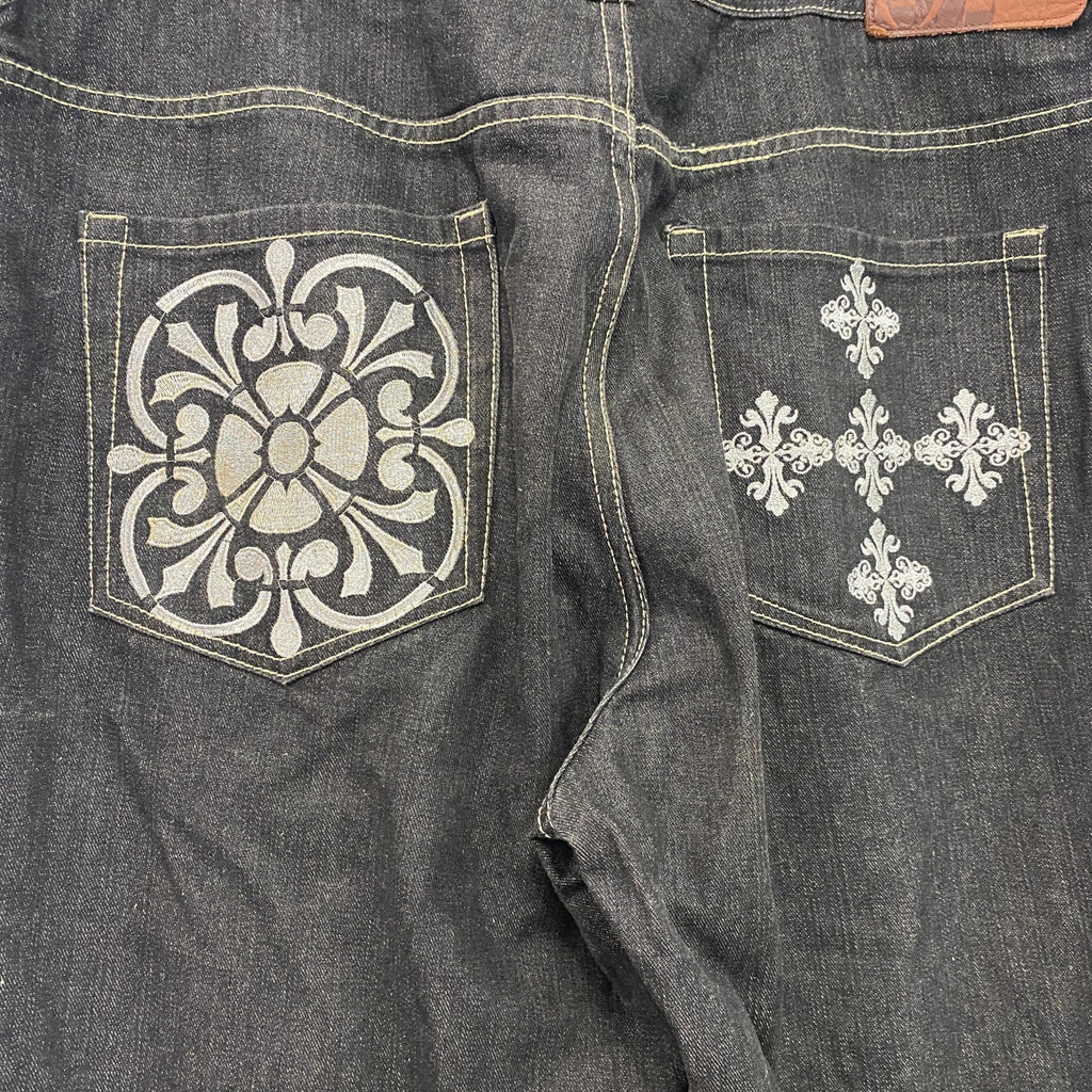 PHAT FARM　ファットファーム　ブラックデニムパンツ/ジーンズ　ジップフライ　刺繍ロゴ　黒　ブラック　W40サイズ