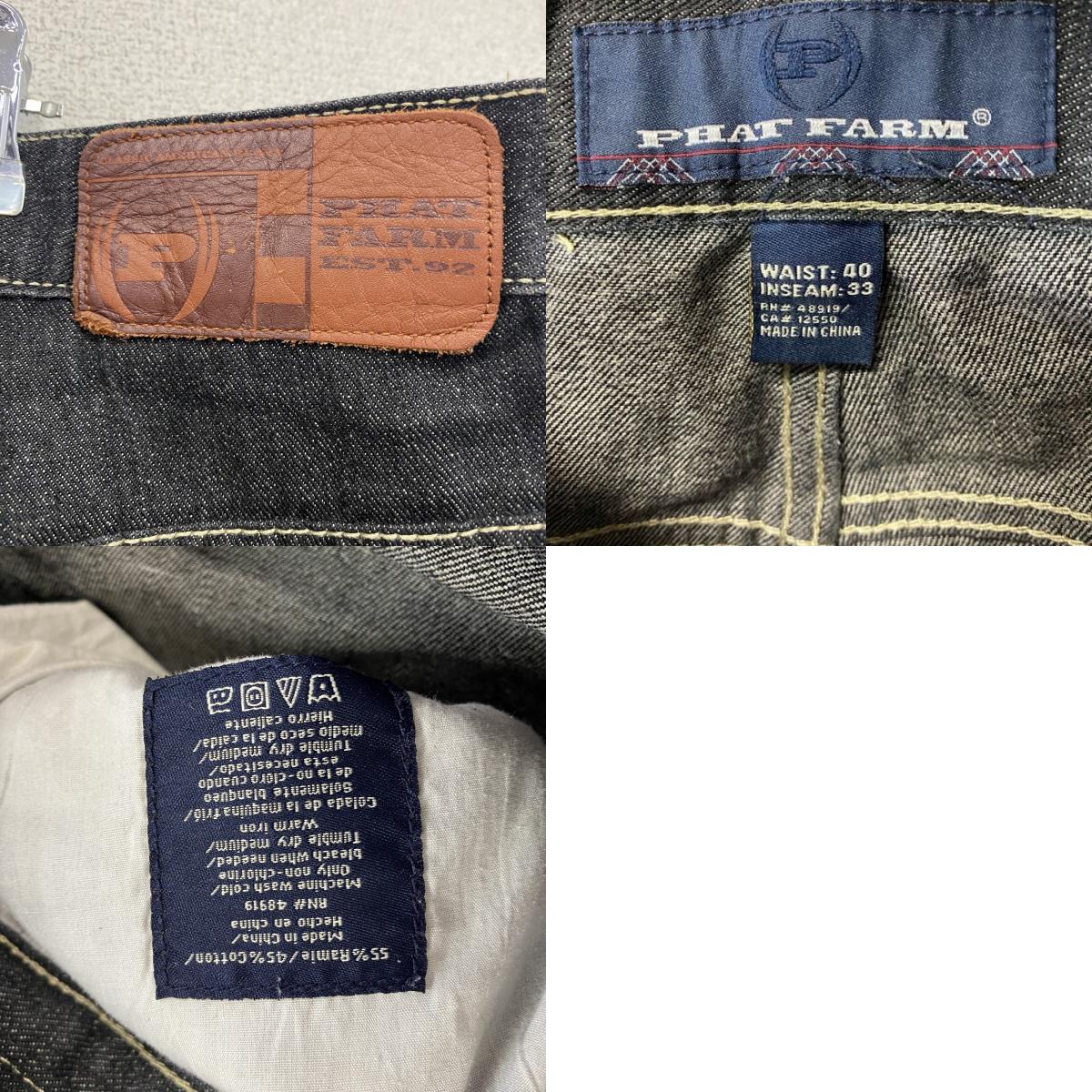 PHAT FARM　ファットファーム　ブラックデニムパンツ/ジーンズ　ジップフライ　刺繍ロゴ　黒　ブラック　W40サイズ