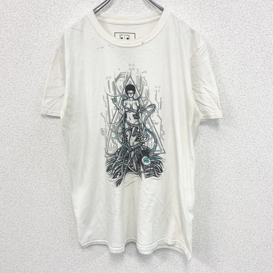 古着 used　THREADS　半袖プリントTシャツ　カジュアルデザイン　近未来　ロボット　レトロ　白　クルーネック　Lサイズ