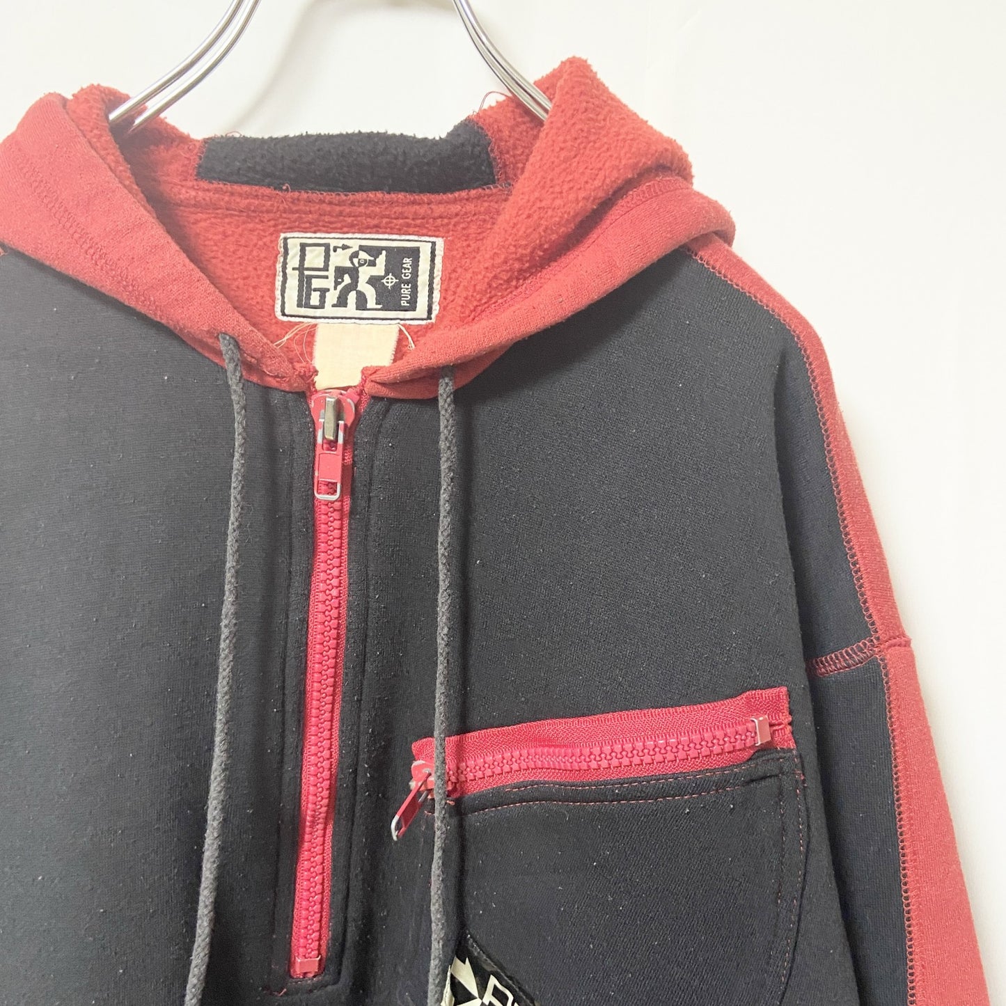 ～90s　PUREGEAR　ハーフジップパーカー　胸ポケット付き　ヴィンテージ　黒　ブラック　赤　レッド　秋冬服