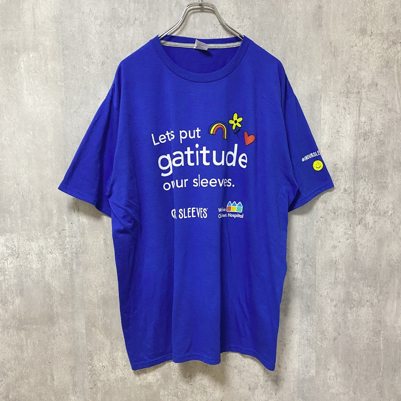 PORT＆COMPANY　半袖プリントメッセージTシャツ　4連プリント　企業ロゴ　青　ブルー　XLサイズ