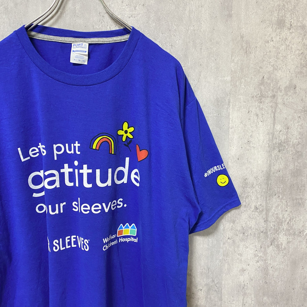 PORT＆COMPANY　半袖プリントメッセージTシャツ　4連プリント　企業ロゴ　青　ブルー　XLサイズ